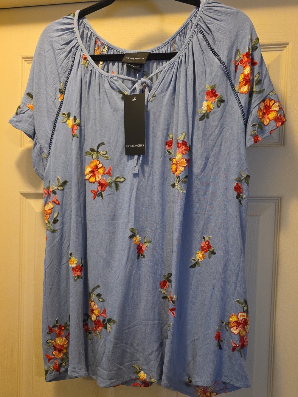 Womens Liv Of Los Angeles Blue/Lavender Floral Embroidered Peasant Top -